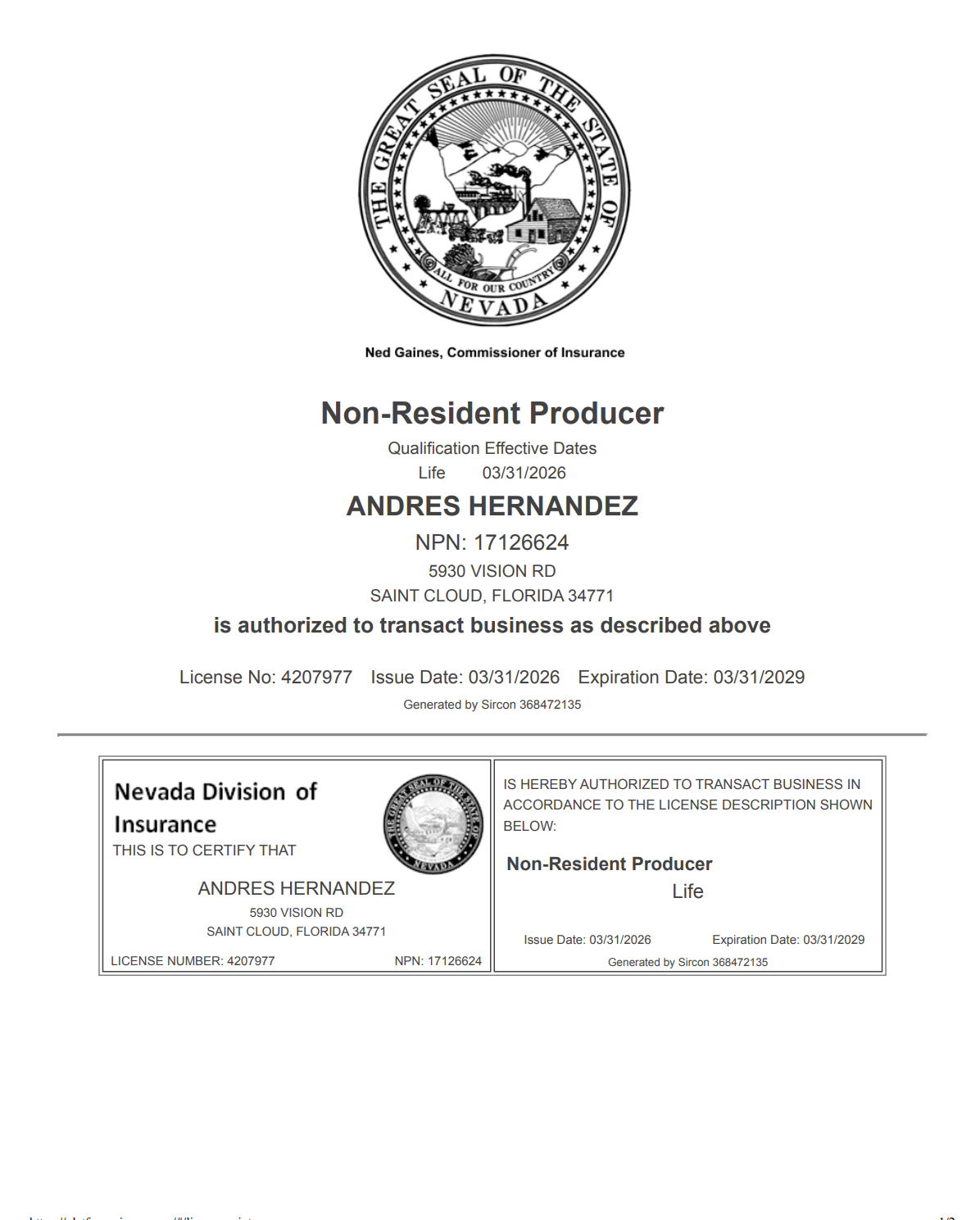 Licencia de seguros - Nevada