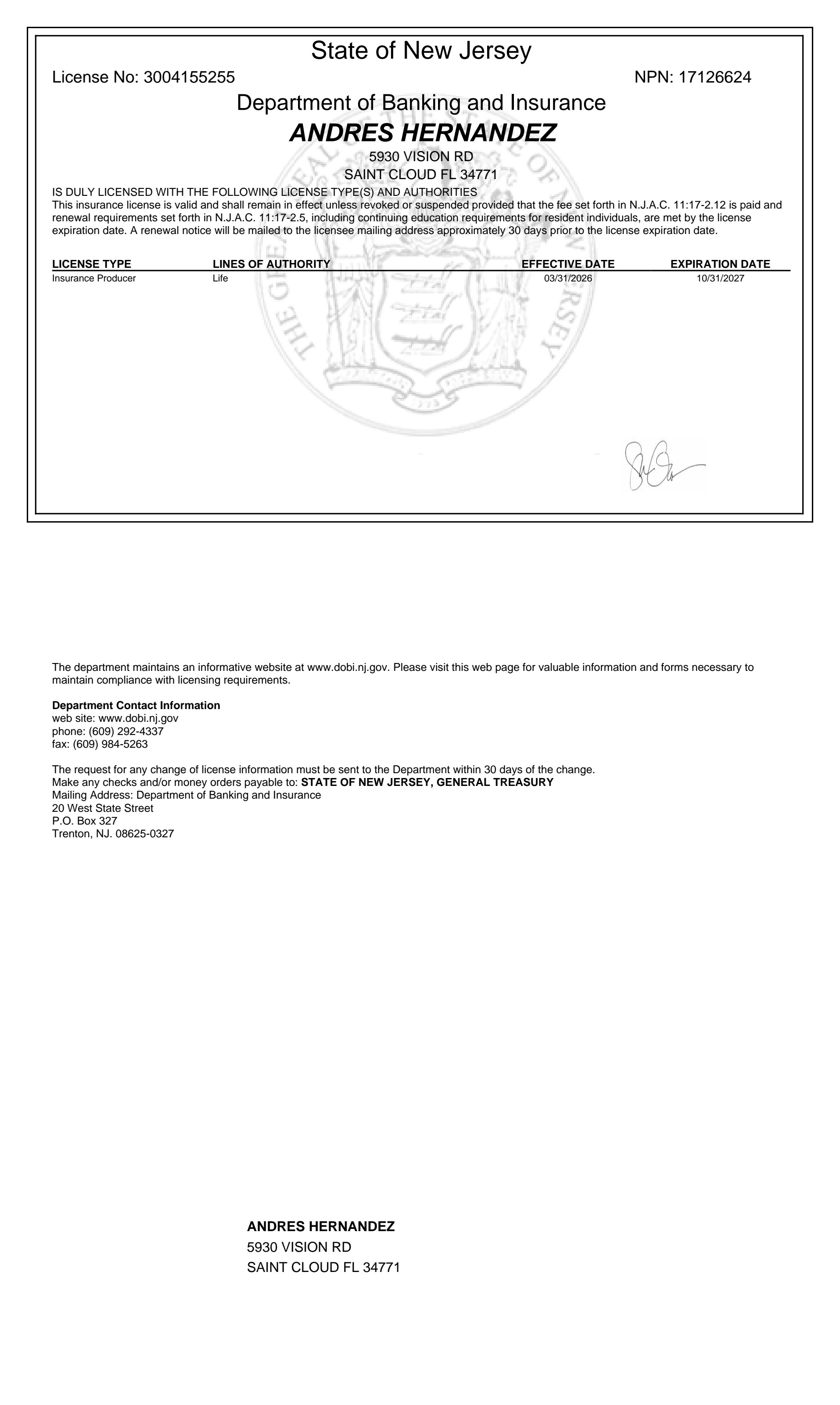 Licencia de seguros - New Jersey